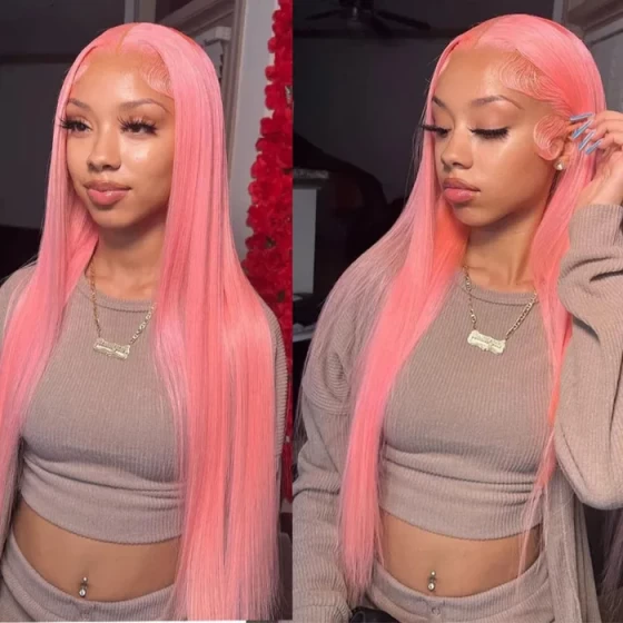 13X4 Pink Color Wigs Natural Red Pink Long Bone Straight Lace Front Wig Human Hair